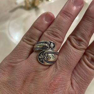 Spoon style ring with adjustable springs to fit all.